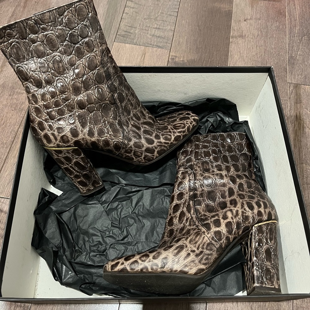 Barney’s crocodile square heeled boot
